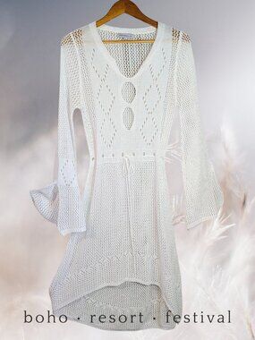 Boho Crochet Knit Beach Cover-Up Dress Flare Sleeve White M Resort Festival